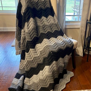 crocheted chevron afghan, striped blanket, oversized blanket, gray sofa blanket, lap blanket, dorm room bedding, handmade gift