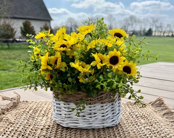 sunflower greenery in wall basket, rustic decor, bamboo basket, hanging planter, farmhouse decor, wall basket, artificial boxwood sunflowers