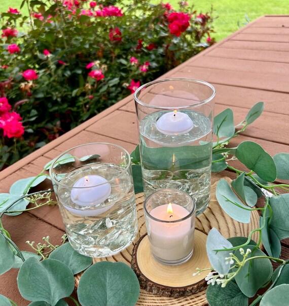 Wedding Centerpiece Candle Eucalyptus Centerpiece Vase With Floating Candles Wood Slice Centerpiece With Vases Candles Rustic Wedding Etsy