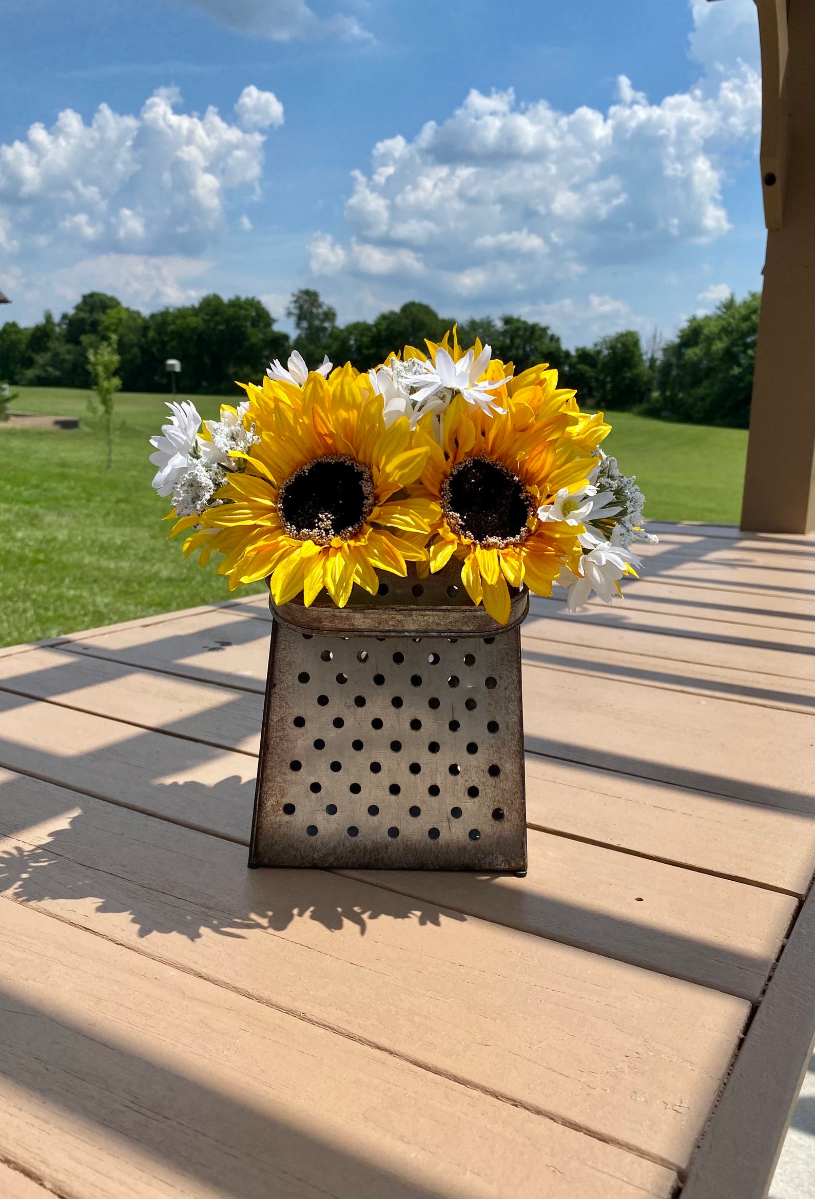 Cheese Grater With Sunflowers Daisies Galvanized Planter Etsy