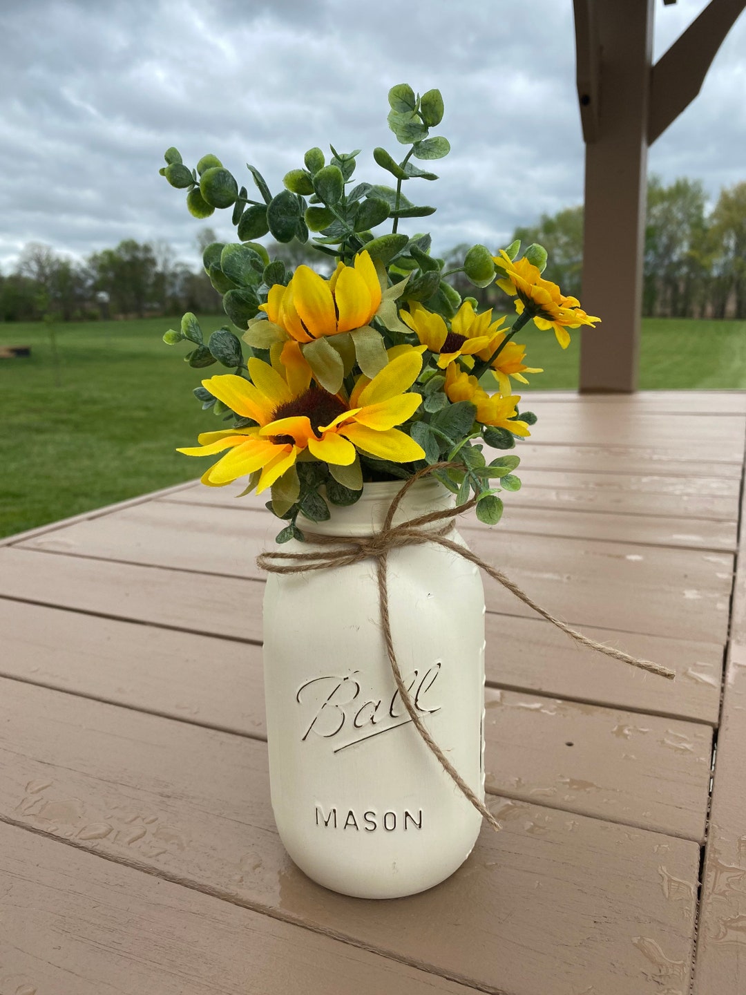 Mason Jar With Eucalyptus and Sunflowers Mason Jar Rustic Etsy