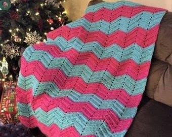 Crocheted Chevron Blanket in pink and aqua, handmade afghan, girls room bedding, throw blanket, oversized blanket, pink afghan, gift for her