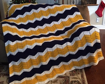 Crocheted Blanket Pittsburgh Steelers Penguins Chevron Blanket Black Maize White, Handmade Blanket, Custom Decor, Housewarming Gift