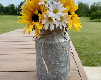 Handmade floral arrangement Sunflower Centerpiece With wooden handles Table Decor Farmhouse Galvanized Tin Milk jug pitcher