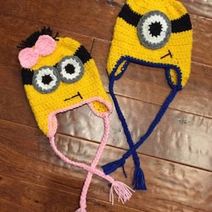Minion inspired beanie, Minion beanie hat, Despicable Me Minion crocheted hats with ear flaps and braids, Halloween boy girl minion hat