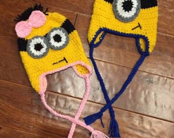 Minion inspired beanie, Minion beanie hat, Despicable Me Minion crocheted hats with ear flaps and braids, Halloween boy girl minion hat