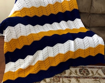 Crocheted Chevron Blanket in gold navy and white, crocheted afghan, gold navy crocheted blanket, custom gift, dorm room bedding