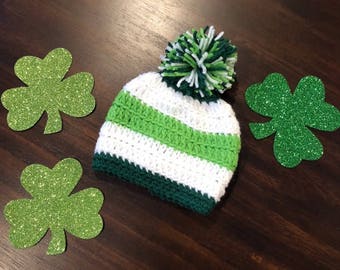 Crocheted hat - beanie with pom pom kids St Patricks Day hat Irish hat St Pattys Day hat luck of the Irish celebrate Irish Irish pride hat