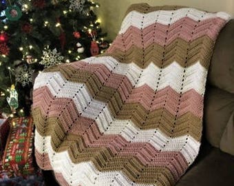 Crocheted chevron blanket in tan, white and pink, oversized blanket, handmade afghan, wheelchair blanket, housewarming gift, sofa blanket