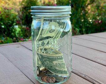 mason jar bank, fun mason jar bank, glass jar storage, glass jar bank, kids piggy bank, savings bank, vacation fund, swear jar, loose change