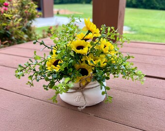 boxwood sunflower decor, mason jar boxwood decor, mason jar sunflower centerpiece, jars with greenery, farmhouse decor, cute flower gift