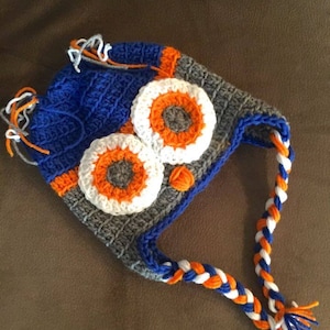 Crocheted hat beanie, Denver Broncos Auburn Tigers Syracuse Orangemen Chicago Bears owl hat, unique gift, handmade hat gift