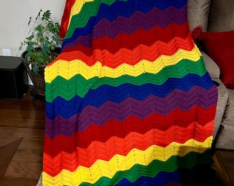 Oversized chevron blanket rainbow, dorm room bedding, rainbow striped aghan, handmade blanket, red orange yellow green blue purple blanket