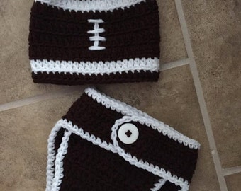 Crocheted newborn football hat and matching diaper cover shower gift photo prop