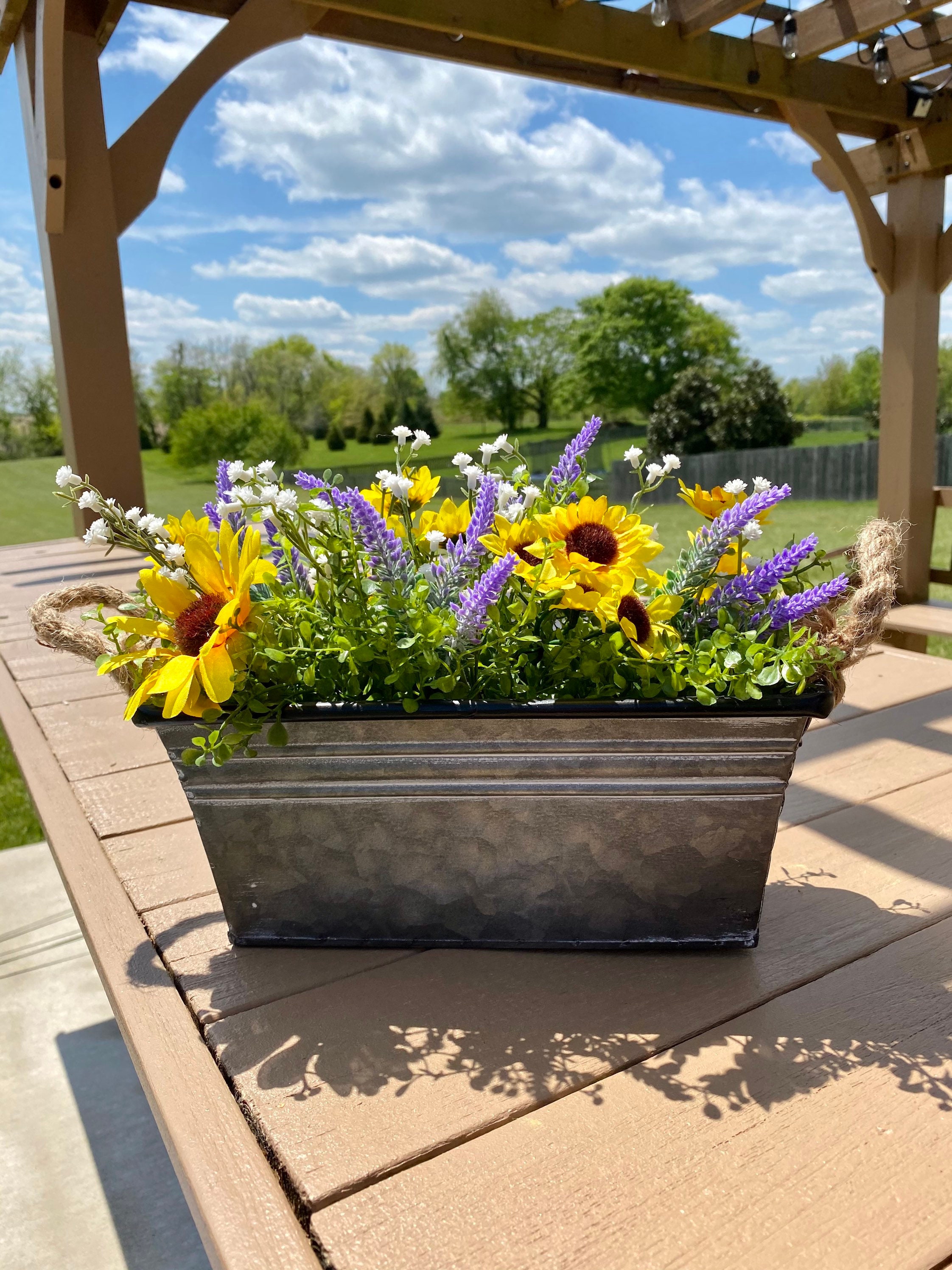 Metal Planter With Greenery, Lavender, Babies Breath