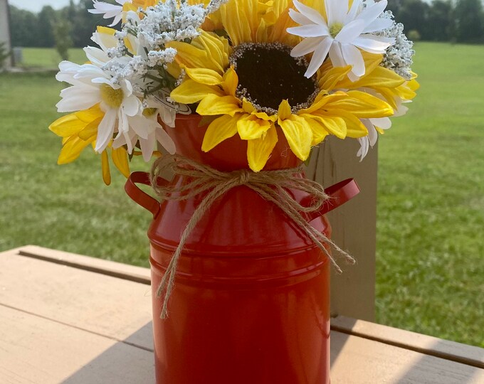 Galvanized Metal Milk Can With Sunflowers and Daisies, Sunflower Daisy