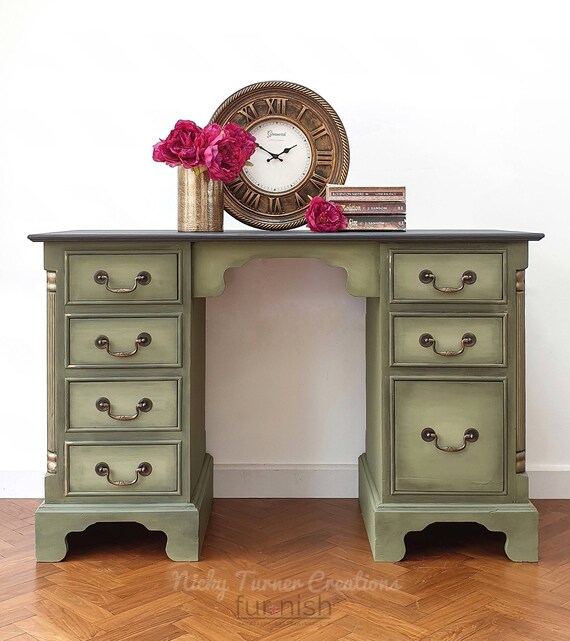 For Vintage Pine Twin Pedestal Desk Writing Hall Table Dressing Hand Painted In Annie Sloan Olive Chalkpaint
