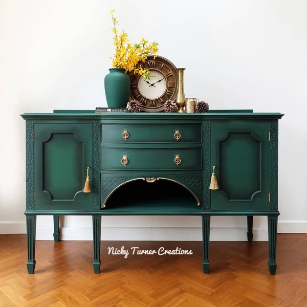 SOLD SOLD**Regency Style Sideboard Buffet Dresser  Hand Painted in Dark Green with Gold