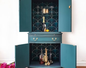 SOLD SOLD**Strongbow Drinks Cocktail Cabinet Hand Painted in a Teal Mineral Paint