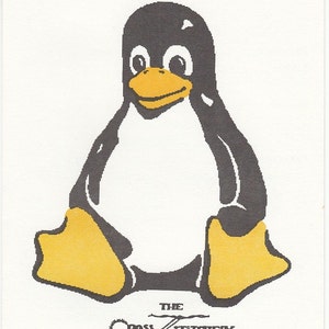 May include: A counted cross stitch pattern featuring TUX, the Linux penguin. The penguin is black and white with a yellow beak and feet. The text "TUX - The Linux Penguin" and "in Counted Cross Stitch" are at the top.