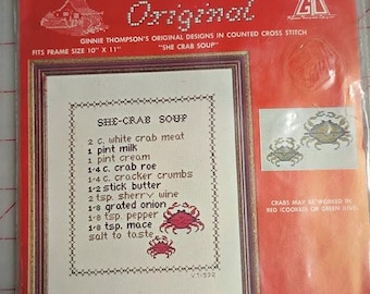 Ginnie Thompson Originals Counted Cross Stitch kit,  She Crab Soup, fits 10 x 11 frame