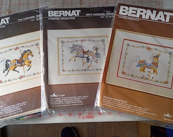 Kits - All 3 Bernat Gray, Tan and Prancing Carousel Horses (HO4170, 4202, and 4171) Counted Cross Stitch Kits