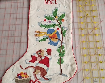 Santa Mouse's Gift Stocking. By Dimensions kit 8305. Finished!  All stitched and sewn into a stocking with NOEL at the top.