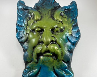 Green Man Plaque, Hand-Painted Concrete Garden Sculpture