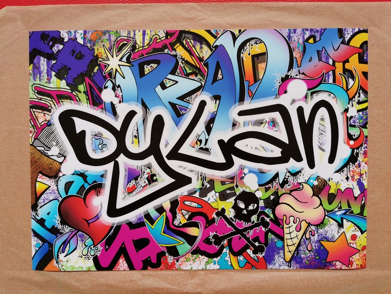 Personalised Name Graffiti Wall Art Print boys girls childrens bedroom street urban art decor colourful image 2