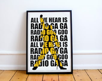 Queen Freddie Mercury Radio Gaga Lyrics Black & Yellow Stylish Artwork Print Wall Art Home Decor A4 A3 A2 A1