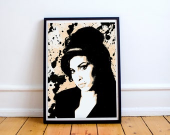 May include: A black and white pop art style portrait of a woman with a bouffant hairstyle. The background is a light orange color with black paint splatters.