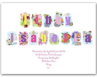 May include: A colorful alphabet print with the name "Isabella" spelled out in large letters. Each letter is decorated with a different illustration, such as a flower, ice cream cone, angel, and a ballerina. The text below reads "Christened on Sunday 24th June 2012 at St. Cecilias Church, Liverpool To a precious Goddaughter With Love From Kirsty xxx".