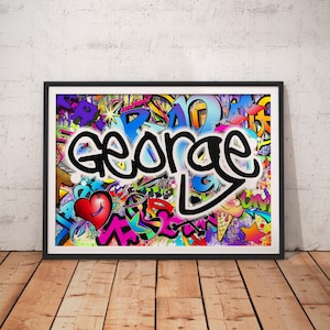 Personalised Name Graffiti Wall Art Print - boys girls childrens bedroom street urban art decor colourful
