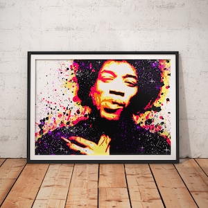May include: A colorful abstract portrait of Jimi Hendrix with a splatter paint background. The image is in shades of pink, yellow, purple, and black.