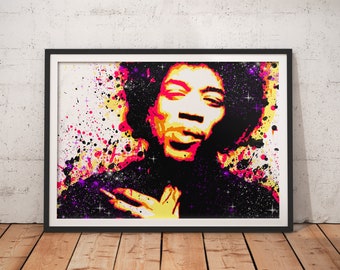 May include: A colorful abstract portrait of Jimi Hendrix with a splatter paint background. The image is in shades of pink, yellow, purple, and black.