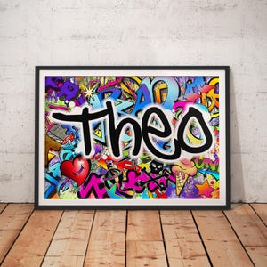 Personalised Name Graffiti Wall Art Print - boys girls childrens bedroom street urban art decor colourful