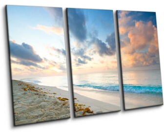 May include: A three-panel wall art set depicting a beach scene at sunrise or sunset. The image features light sand with scattered seaweed, turquoise ocean waves gently rolling onto the shore, and a sky filled with soft blue and orange clouds.