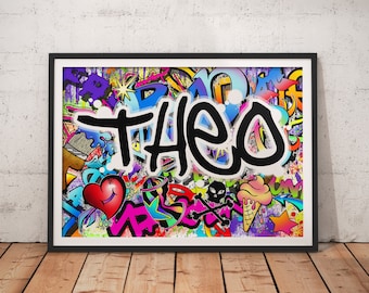 Personalised Name Graffiti Wall Art Print - boys girls childrens bedroom street urban art decor colourful