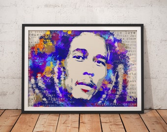 May include: A colorful abstract portrait of Bob Marley with lyrics from his song "One Love" superimposed over the image.