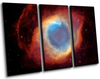 May include: A three-panel wall art set displaying a vibrant space nebula. The central panel features a bright blue and orange circular core, while the side panels show deep red and black cosmic clouds filled with scattered white stars.
