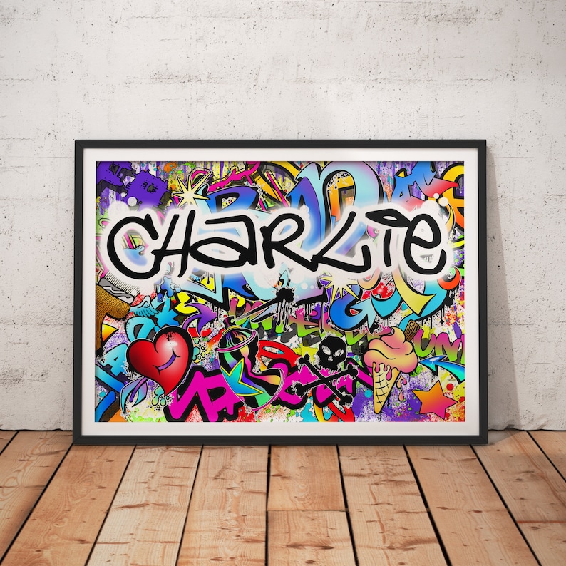 Personalised Name Graffiti Wall Art Print - boys girls childrens bedroom street urban art decor colourful 