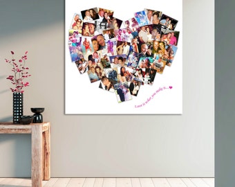 May include: A square wall art print featuring a collage of numerous color photographs arranged in the shape of a heart. The text "Love is what you make it..." is printed in pink in the bottom right corner, accompanied by a small pink heart.