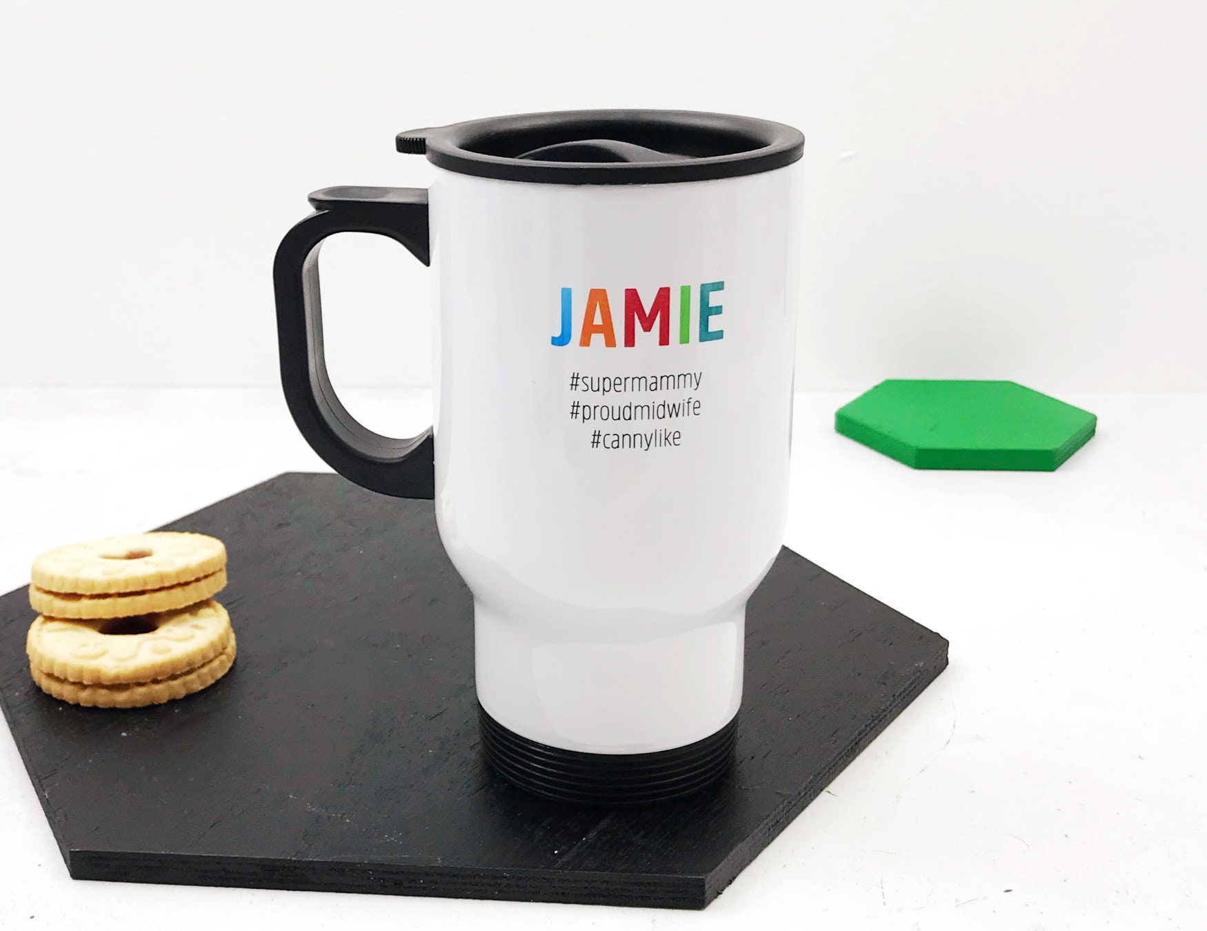 Travel Mug Name And Hashtag Colourful Personalised Etsy