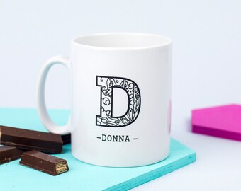 Initial Mug | Personalised Mug | Monochrome Mug | Personalized Gift | Zentangle Gift | Mug With Initial | Birthday Gift