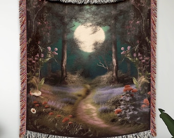 Moonlit Forest Path Woven Blanket, Cottagecore, Dark Academia, Sofa Throw, Jacquard Tapestry With Fringe, Enchanted Forest Blanket