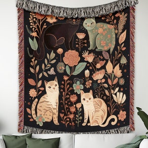 Cat Blanket, Whimsical Cats, Cats And Flowers Couch Throw, Jacquard Tapestry, Fringe Blanket