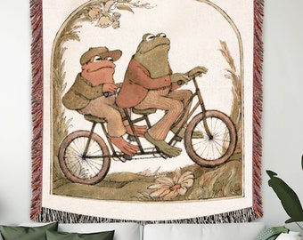 Frog and Toad Woven Blanket, Toad And Frog On A Bicycle, Vintage Book Art Couch Throw, Children's Book Art, Wall Tapestry, Nursery Blanket