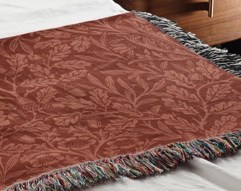 William Morris Acorn Pattern Woven Blanket, Autumn Pattern, Fall Decor, Jacquard Tapestry, Brown