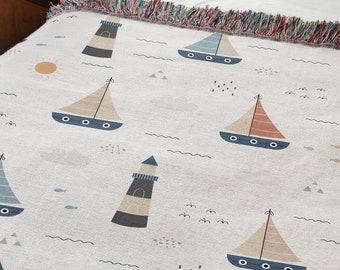 Sailboat Woven Blanket, Lighthouse Blanket, Nautical Sofa Throw, Jacquard Tapestry With Fringe, Couch Blanket