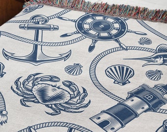 Nautical Theme Woven Blanket, Anchor, Crab, Lighthouse Blanket, Jacquard Tapestry With Fringe, Cotton